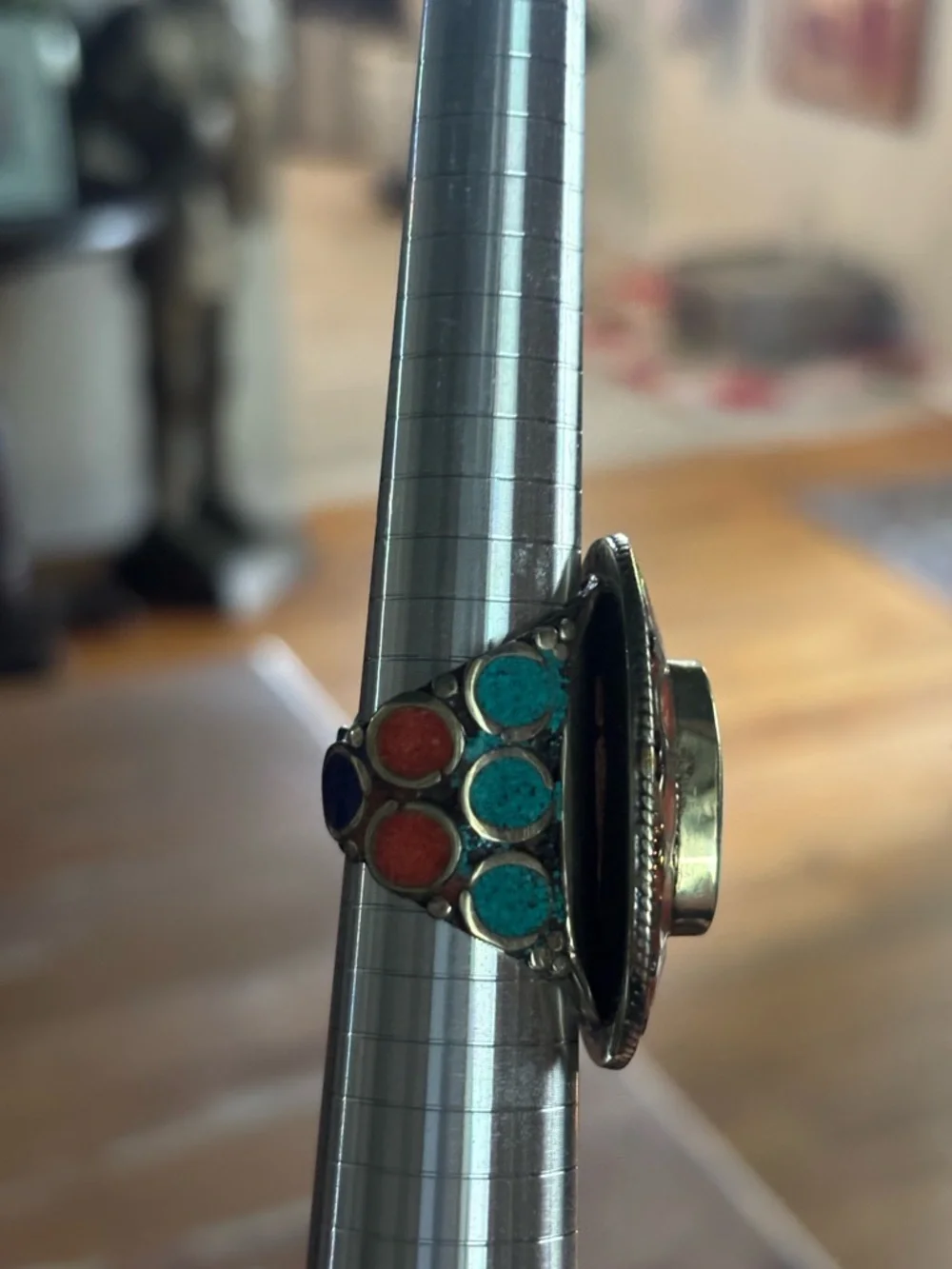 Tibetan Silver Turquoise and Coral Oval Statement Ring Size 10